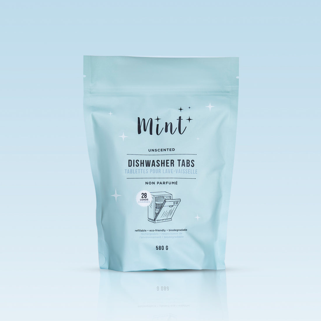 Mint Dishwasher Tabs in a 580g pouch with a gradient background, showcasing eco-friendly, unscented tabs for spotless dishes.