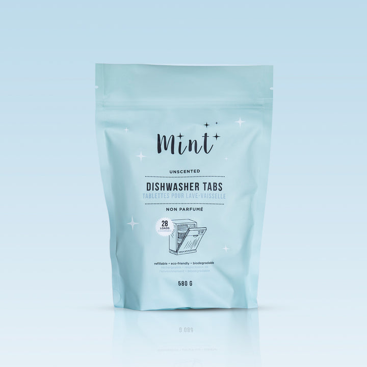 Mint Dishwasher Tabs in a 580g pouch with a gradient background, showcasing eco-friendly, unscented tabs for spotless dishes.