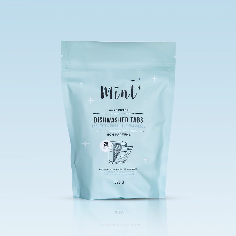 Mint Dishwasher Tabs in a 580g pouch with a gradient background, showcasing eco-friendly, unscented tabs for spotless dishes.