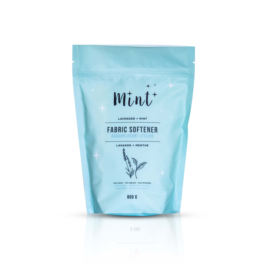 Mint lavender and mint fabric softener in an 800g bag against a light gradient background, showcasing its non-toxic and eco-friendly laundry care qualities.