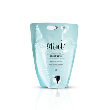 Mint Floor Wash in a 3L eco-friendly refill pouch with a light blue background. Features rosemary and mint scent, with a practical spout for easy pouring.