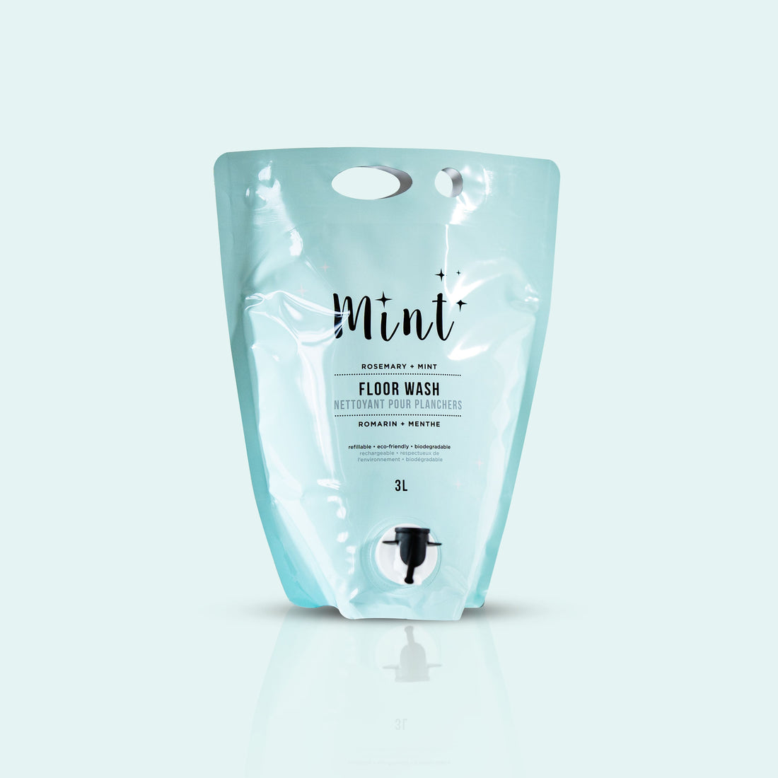 Mint Floor Wash in a 3L eco-friendly refill pouch with a light blue background. Features rosemary and mint scent, with a practical spout for easy pouring.