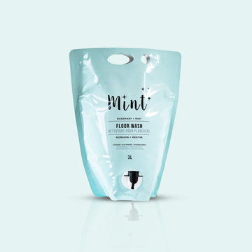 Mint Floor Wash in a 3L eco-friendly refill pouch with a light blue background. Features rosemary and mint scent, with a practical spout for easy pouring.