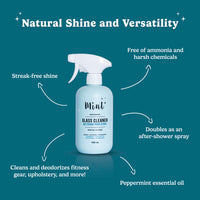 Graphic of Mint Glass Cleaner plastic bottle with the title 'Natural Shine and Versatility,' highlighting features like streak-free shine, ammonia-free, deodorizes upholstery and fitness gear, doubles as an after-shower spray, and contains peppermint essential oil.