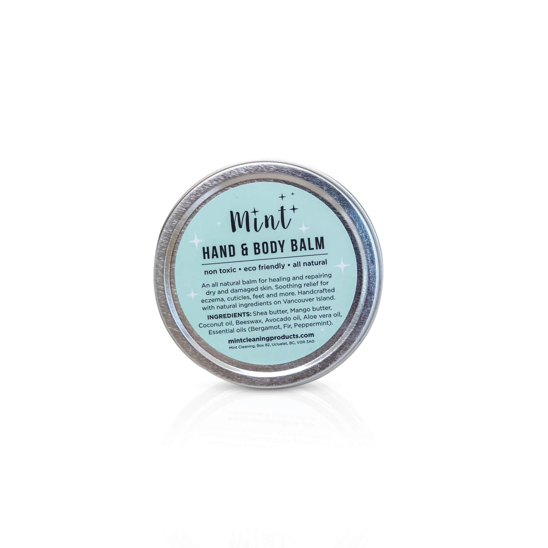 A tin container of Mint Hand &amp; Body Balm with a light blue label, highlighting its non-toxic, eco-friendly, and all-natural ingredients, designed to heal and repair dry or damaged skin