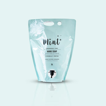 Mint Lemongrass + Mint Hand Soap 3L refill pouch against a light blue background, showcasing an eco-friendly, refillable hand soap option with biodegradable packaging.