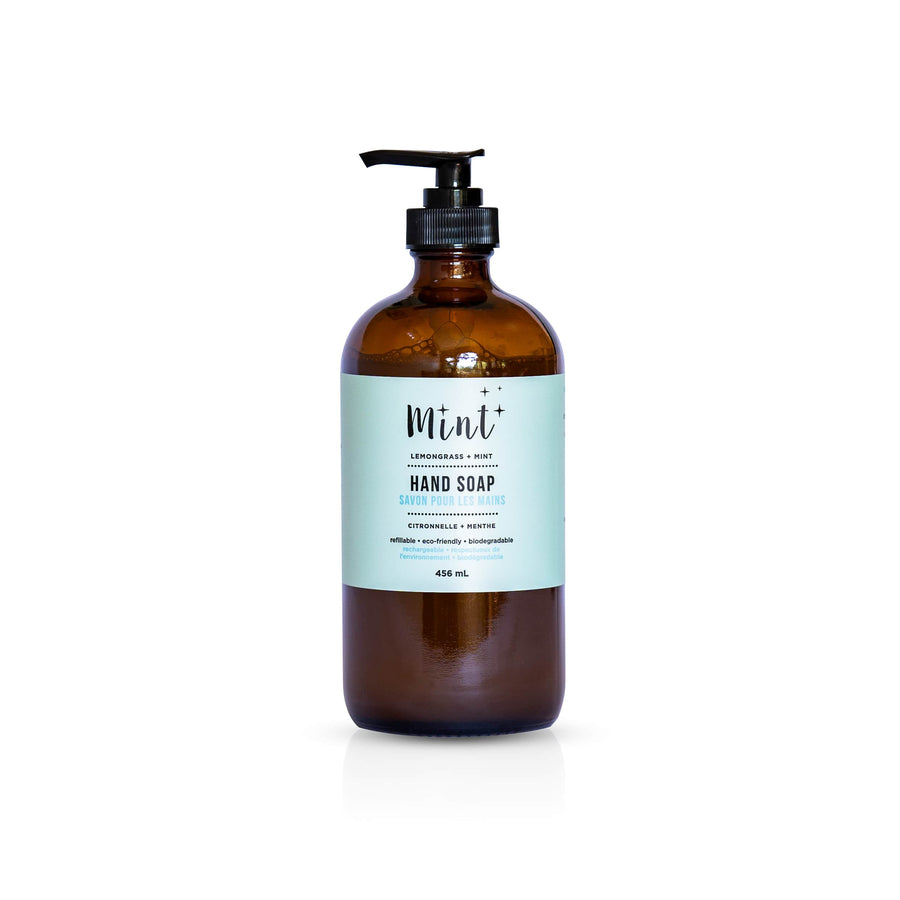 Mint Hand Soap in a 456ml amber glass pump bottle against a white background, emphasizing its clean, minimalist design.