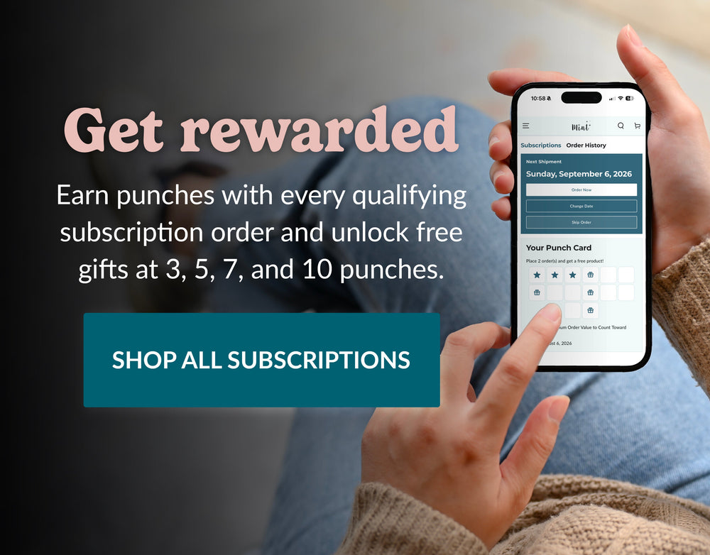 A promotional graphic showing a person holding a smartphone that displays a subscription app interface. Large text reads 'Get rewarded' and 'SHOP ALL SUBSCRIPTIONS,' with a teal call-to-action button.