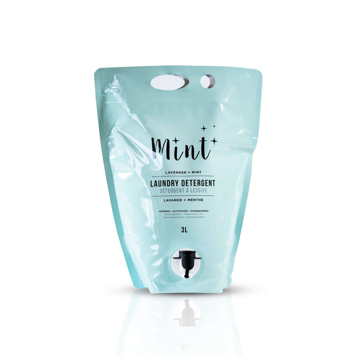 Mint Laundry Detergent refill pouch with lavender and mint scent, featuring a light blue background. The 3L eco-friendly pouch includes a spout for easy dispensing.