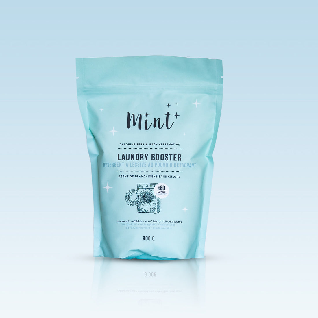 Mint Laundry Booster in 900g pouch with gradient background, featuring chlorine-free bleach alternative for eco-friendly and effective laundry care.