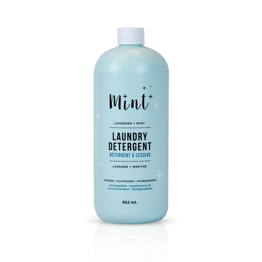 Mint Laundry Detergent in a 952ml bottle on a white background, highlighting its natural, refillable, and biodegradable formula.