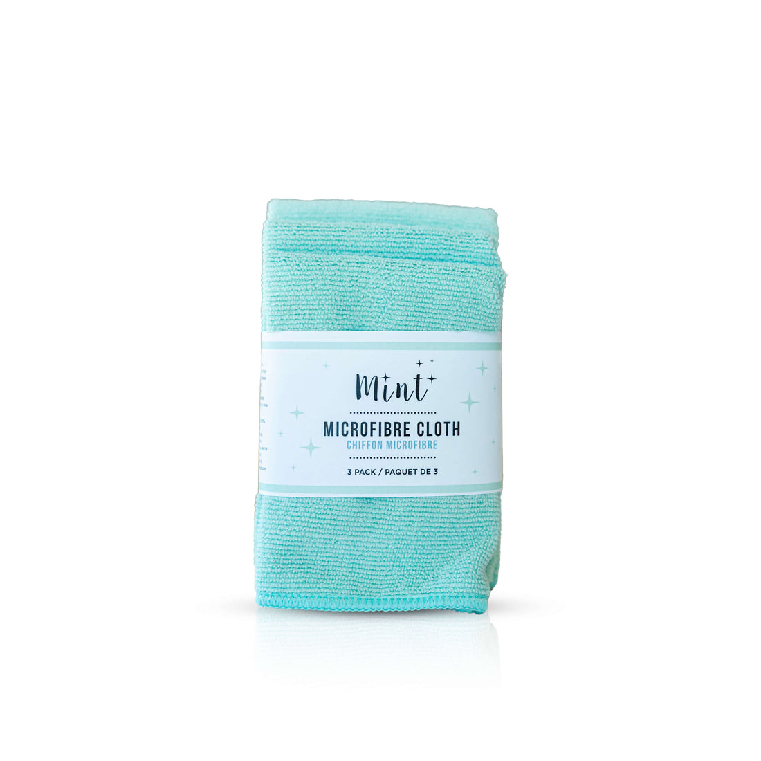 Mint Microfibre Cloths in a 3-pack, neatly folded and wrapped in a branded label with a light blue design, showcasing their soft texture and eco-friendly appeal.