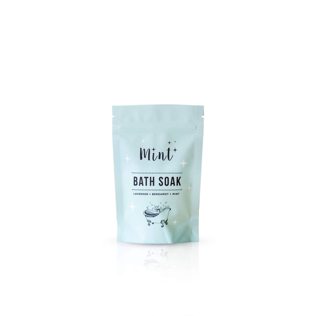 Mint Mini Bath Soak in a light blue resealable pouch, labeled with lavender, bergamot, and mint, displayed on a white background.