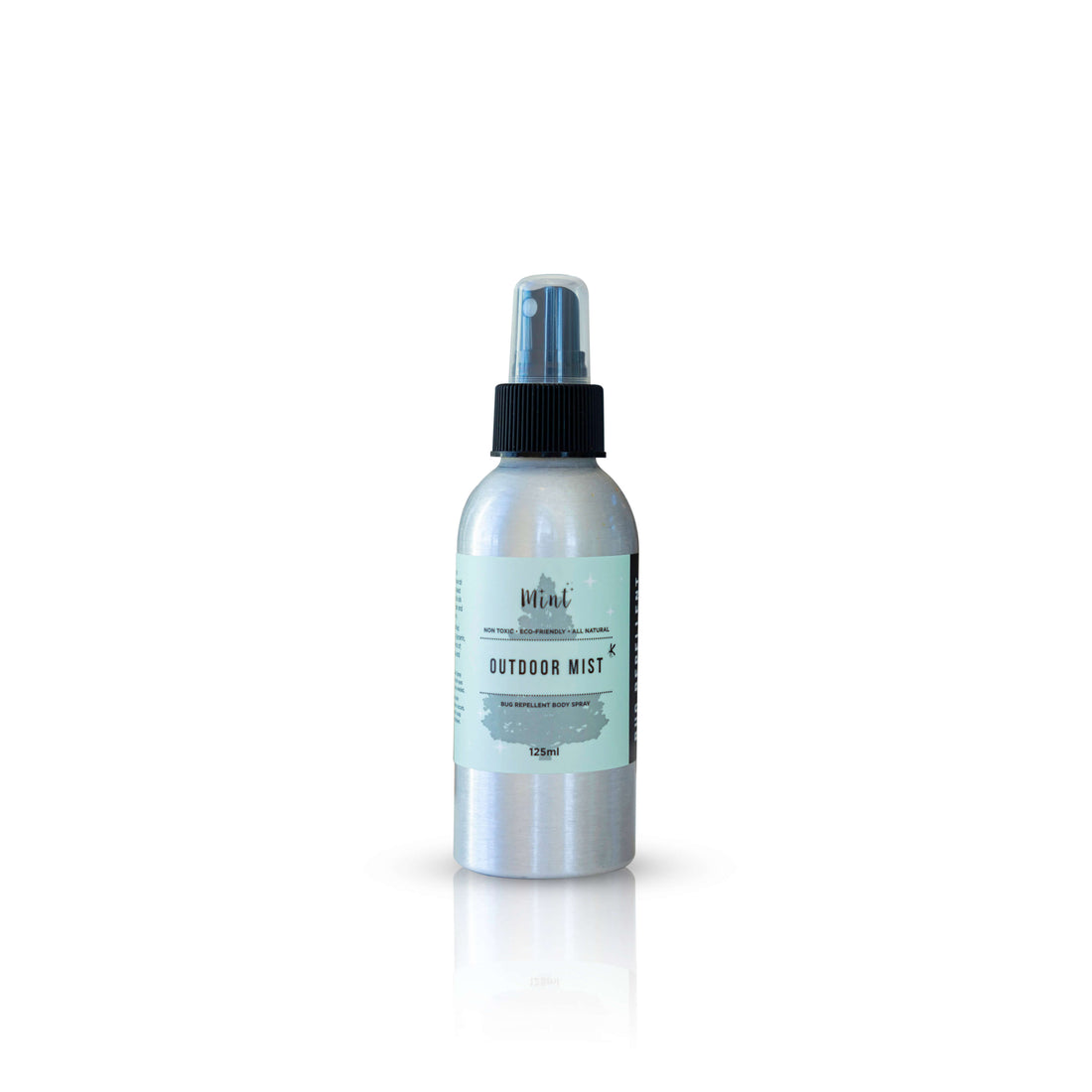 A 125ml aluminum bottle of Mint Outdoor Mist with a black spray top, labeled as a non-toxic, eco-friendly bug-repellent body spray, displayed on a white background