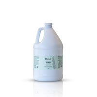 A 3.8-liter jug of Mint Cleaning Products' Rosemary Mint Shampoo. The white jug displays a mint-colored label with minimalist botanical designs and product information. Set against a white background with a slight reflective surface.