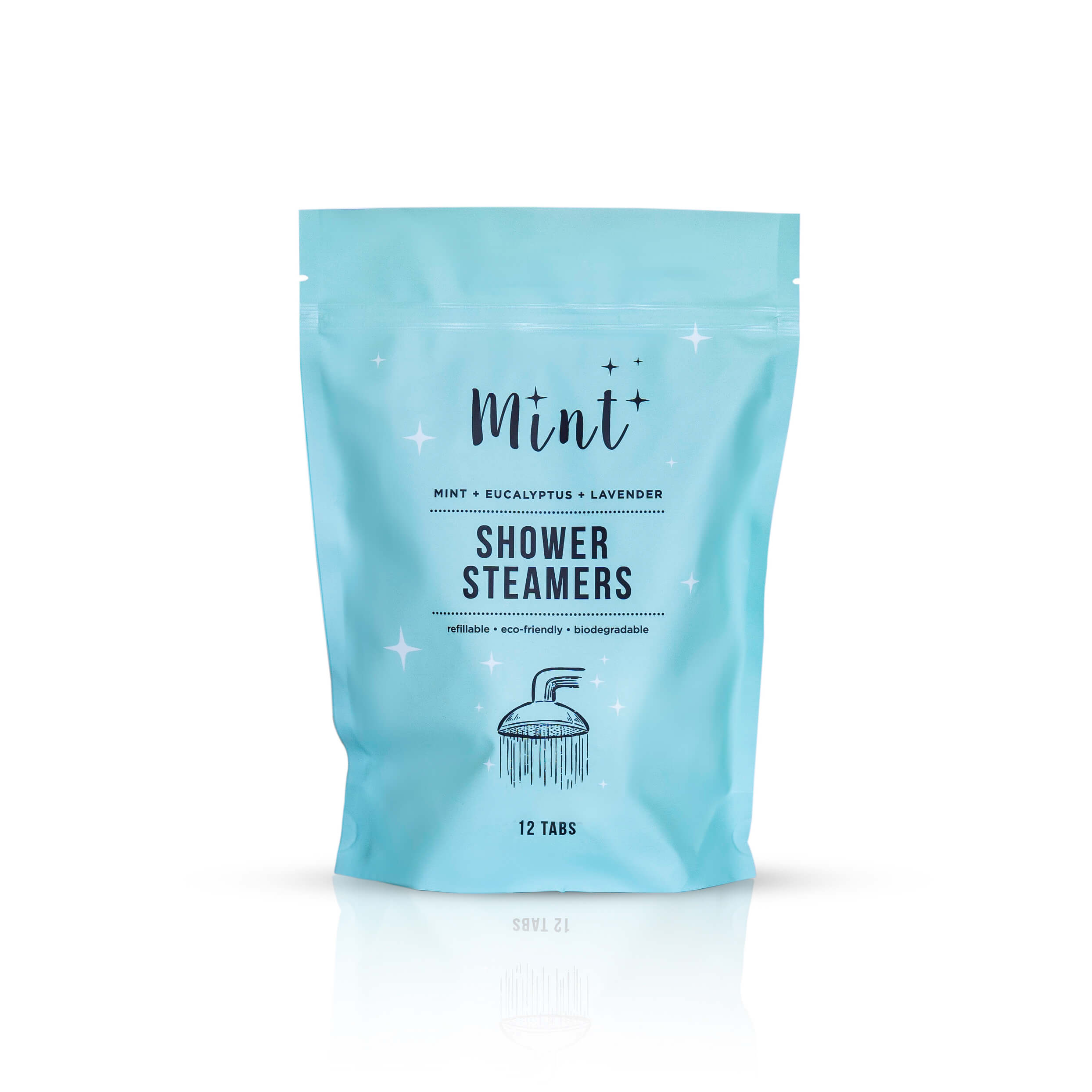 Mint Shower Steamers refill bag in mint green colour on a white background, labelled with &