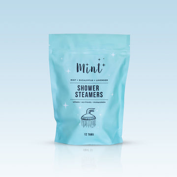 Mint Shower Steamers refill bag in mint green colour on a gradient blue background, labelled with 'Mint + Eucalyptus + Lavender' and 'Shower Steamers' with an illustration of a shower.