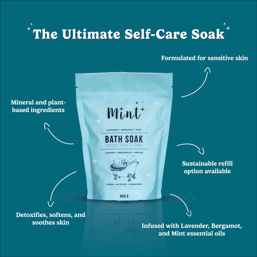 Mint Cleaning Products' Bath Soak in a 600g pastel mint pouch. Key benefits highlighted include: detoxifies, softens, and soothes skin; formulated for sensitive skin; infused with lavender, bergamot, and mint essential oils; made with mineral and plant-based ingredients; and offers a sustainable refill option. The headline reads "The Ultimate Self-Care Soak."