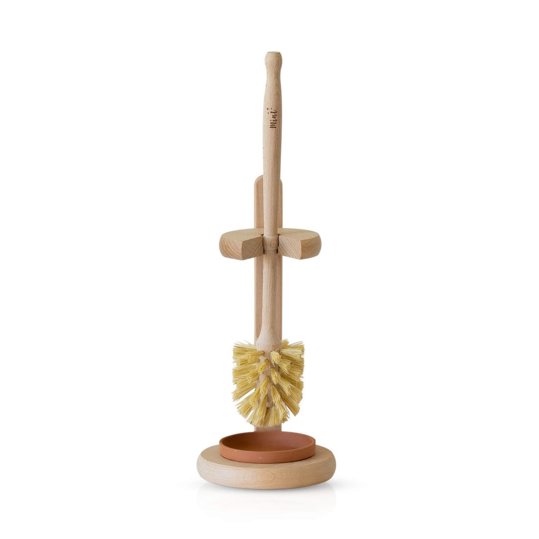 Eco-friendly wooden toilet brush set with a natural bristle brush, a sturdy handle, and a matching stand featuring a minimalist and sustainable design