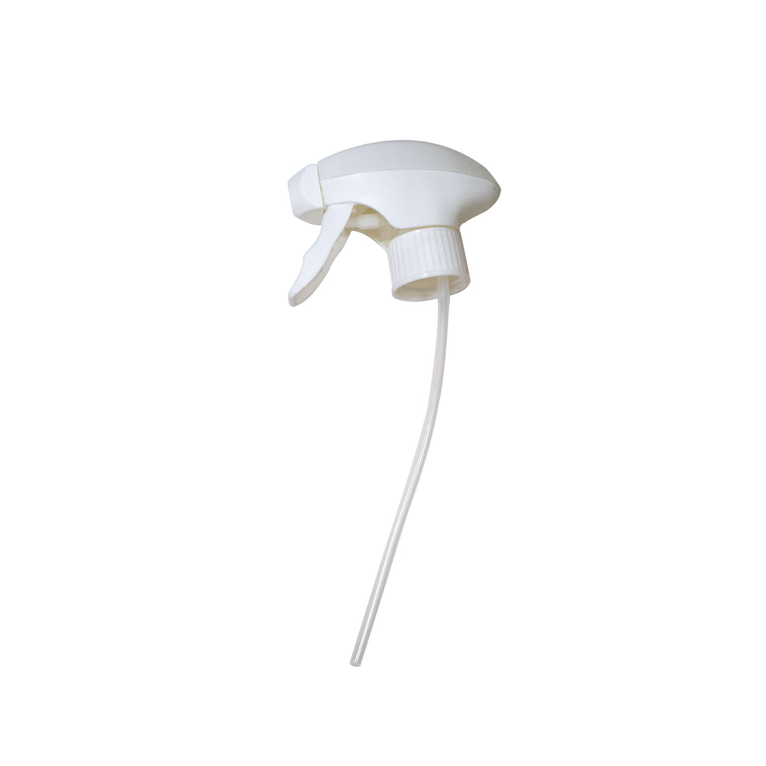 A white trigger sprayer with an attached dip tube, designed for use with cleaning solution bottles, displayed on a white background